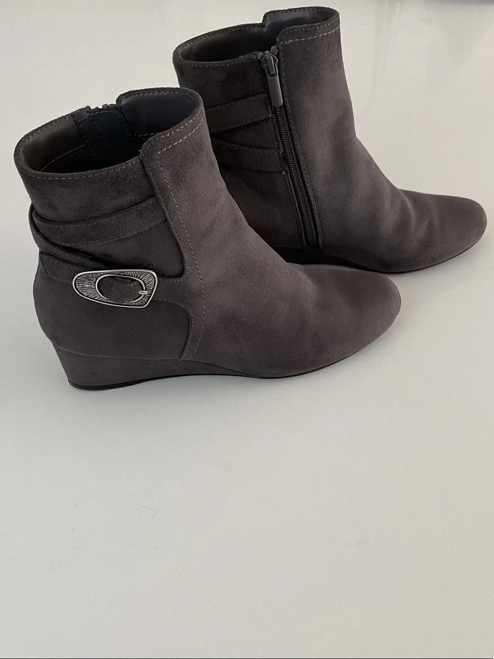 IMPO Dark Gray Suede GATES Ankle Booties with Decorative Buckle